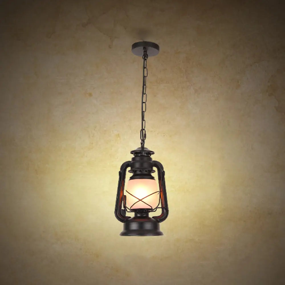 Frosted Glass Pendant Light Fixture: Kerosene 1-Light Warehouse Ceiling Lamp For Restaurants Black