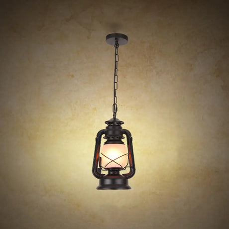 Frosted Glass Pendant Light Fixture: Kerosene 1-Light Warehouse Ceiling Lamp For Restaurants Black