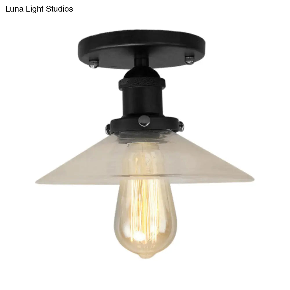 Frosted Glass Saucer Semi Flush Vintage Kitchen Lighting Fixture - 1 Bulb In Black/Brass/Copper
