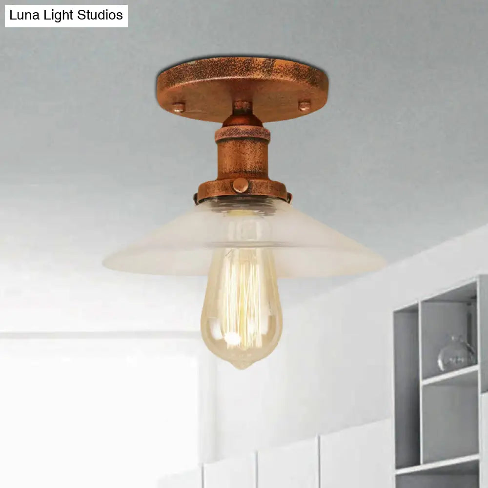Frosted Glass Saucer Semi Flush Vintage Kitchen Lighting Fixture - 1 Bulb In Black/Brass/Copper