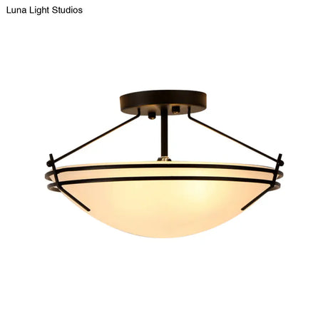Frosted Glass Semi Flush Ceiling Light Fixture - Traditional 3-Light Bowl Design In Black