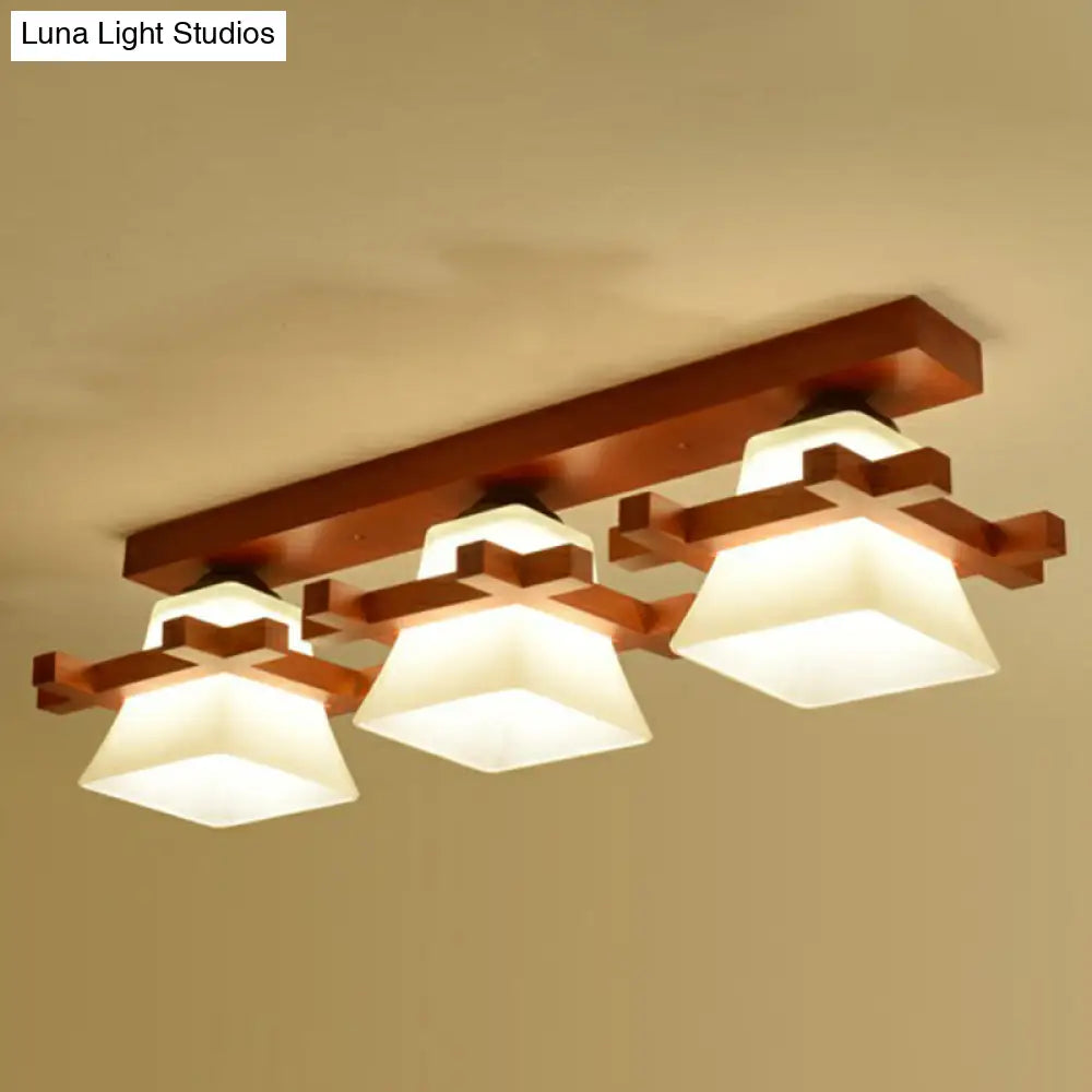 Frosted Glass Semi - Mounted Flush Ceiling Light With Nordic Coffee Finish And Wooden Frame -