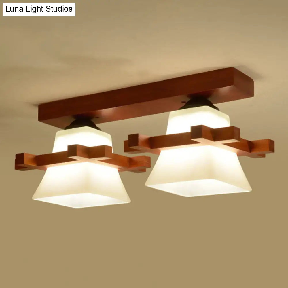 Frosted Glass Semi-Mounted Flush Ceiling Light With Nordic Coffee Finish And Wooden Frame - Pagoda