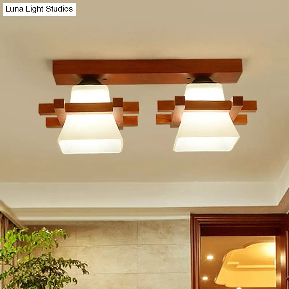 Frosted Glass Semi - Mounted Flush Ceiling Light With Nordic Coffee Finish And Wooden Frame -
