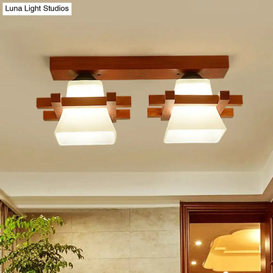 Frosted Glass Semi - Mounted Flush Ceiling Light With Nordic Coffee Finish And Wooden Frame -
