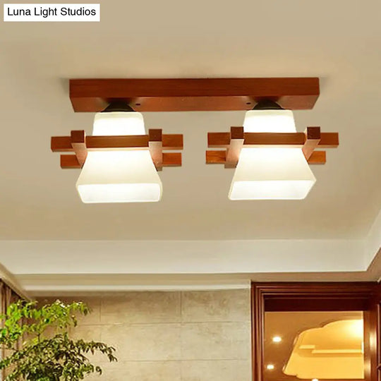 Frosted Glass Semi-Mounted Flush Ceiling Light With Nordic Coffee Finish And Wooden Frame - Pagoda