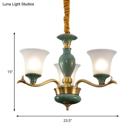 Frosted Glass Suspension Lighting - 3/6 Bulbs Countryside Green Chandelier For Guest Room
