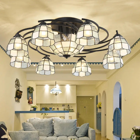 Frosted Glass Tiffany Style Ceiling Light Fixture - White/Yellow/Blue Semi-Flush Mount