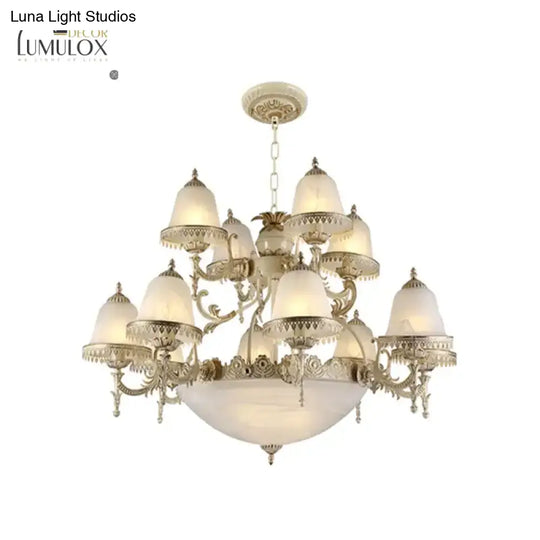 Frosted Glass White Chandelier Tiered Bell Shaped 15-Light Country Style Hanging Light