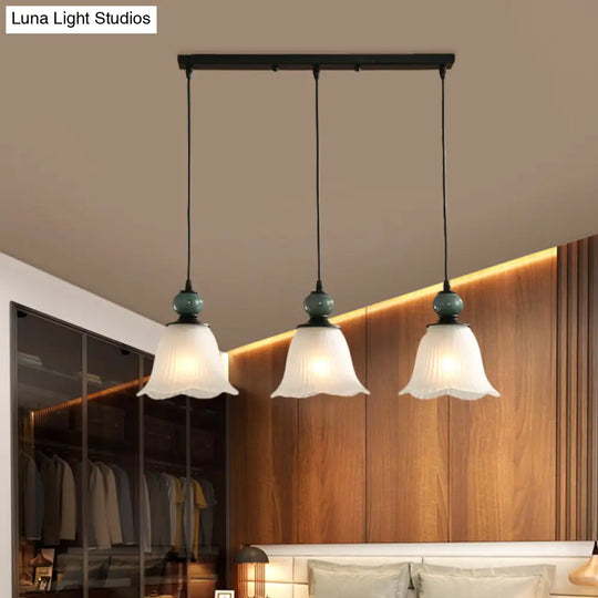 Frosted Ribbed Glass Flared Pendant: Rustic 3-Light Dining Room Hanging Lamp Kit In Black