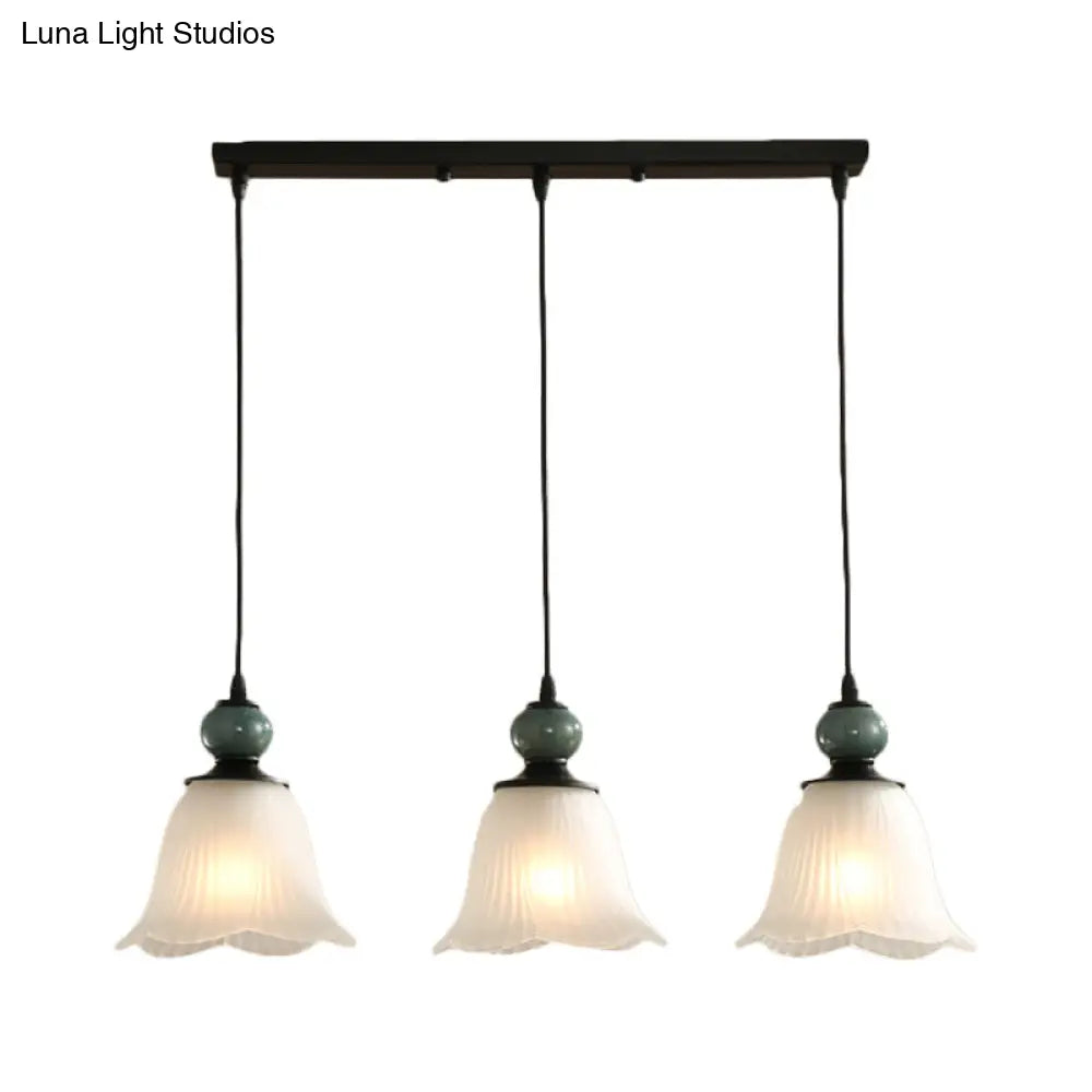 Frosted Ribbed Glass Flared Pendant: Rustic 3-Light Dining Room Hanging Lamp Kit In Black