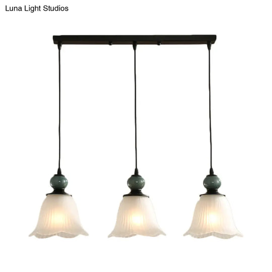 Frosted Ribbed Glass Flared Pendant: Rustic 3-Light Dining Room Hanging Lamp Kit In Black