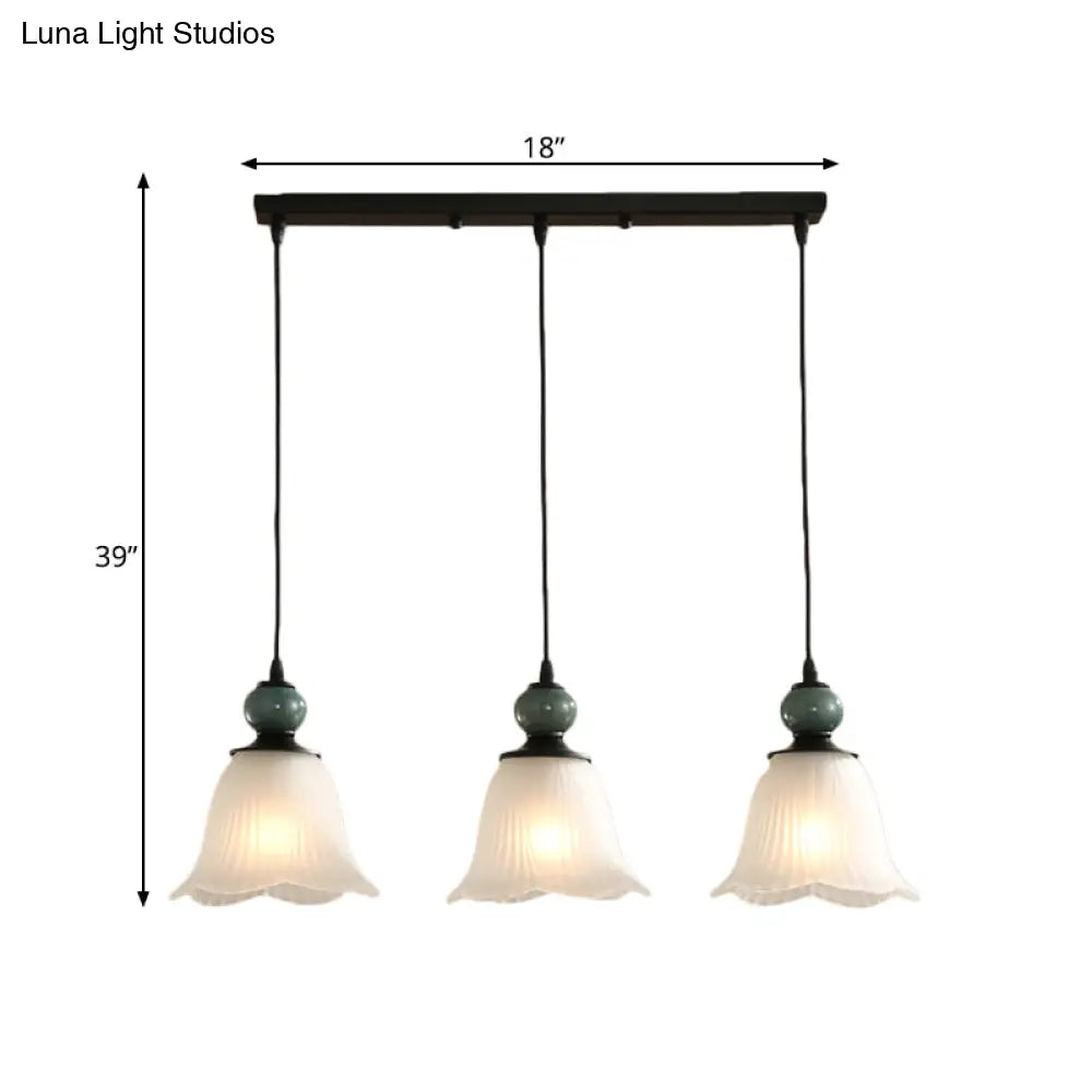 Frosted Ribbed Glass Flared Pendant: Rustic 3-Light Dining Room Hanging Lamp Kit In Black