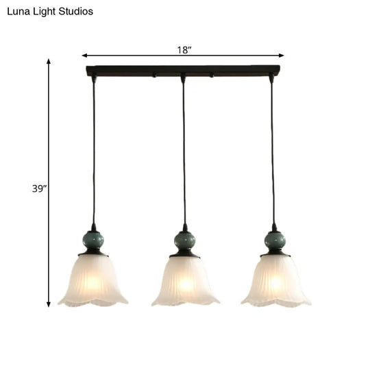 Frosted Ribbed Glass Flared Pendant: Rustic 3-Light Dining Room Hanging Lamp Kit In Black