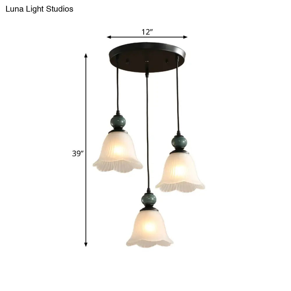 Frosted Ribbed Glass Flared Pendant: Rustic 3-Light Dining Room Hanging Lamp Kit In Black