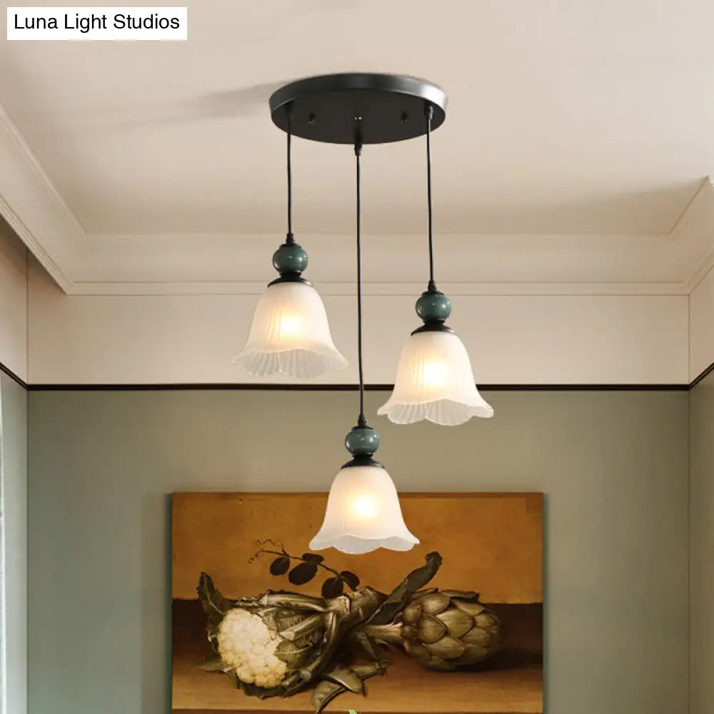Frosted Ribbed Glass Flared Pendant: Rustic 3-Light Dining Room Hanging Lamp Kit In Black
