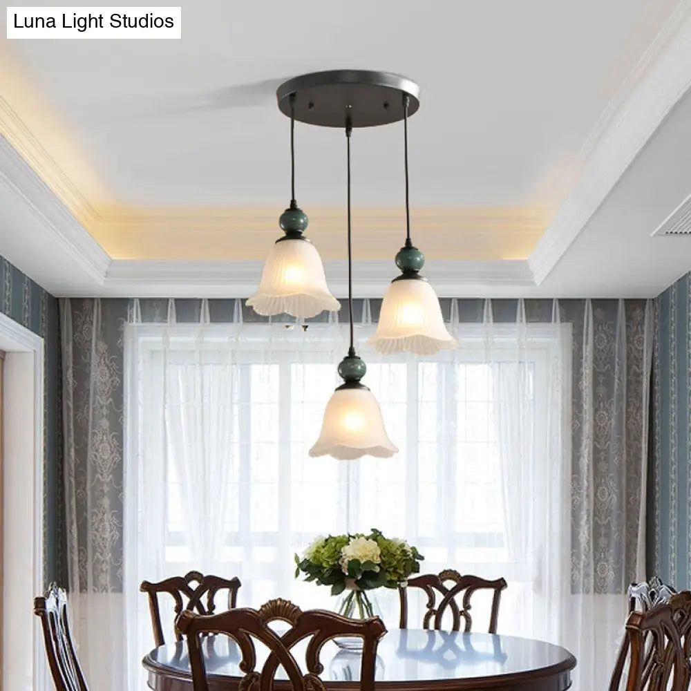 Frosted Ribbed Glass Flared Pendant: Rustic 3-Light Dining Room Hanging Lamp Kit In Black