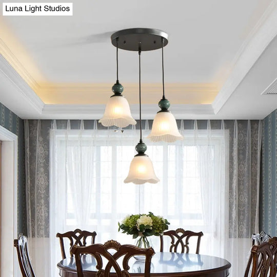 Frosted Ribbed Glass Flared Pendant: Rustic 3-Light Dining Room Hanging Lamp Kit In Black