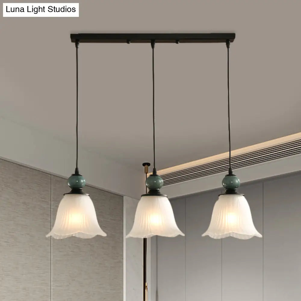 Frosted Ribbed Glass Flared Pendant: Rustic 3-Light Dining Room Hanging Lamp Kit In Black