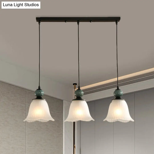 Frosted Ribbed Glass Flared Pendant: Rustic 3-Light Dining Room Hanging Lamp Kit In Black