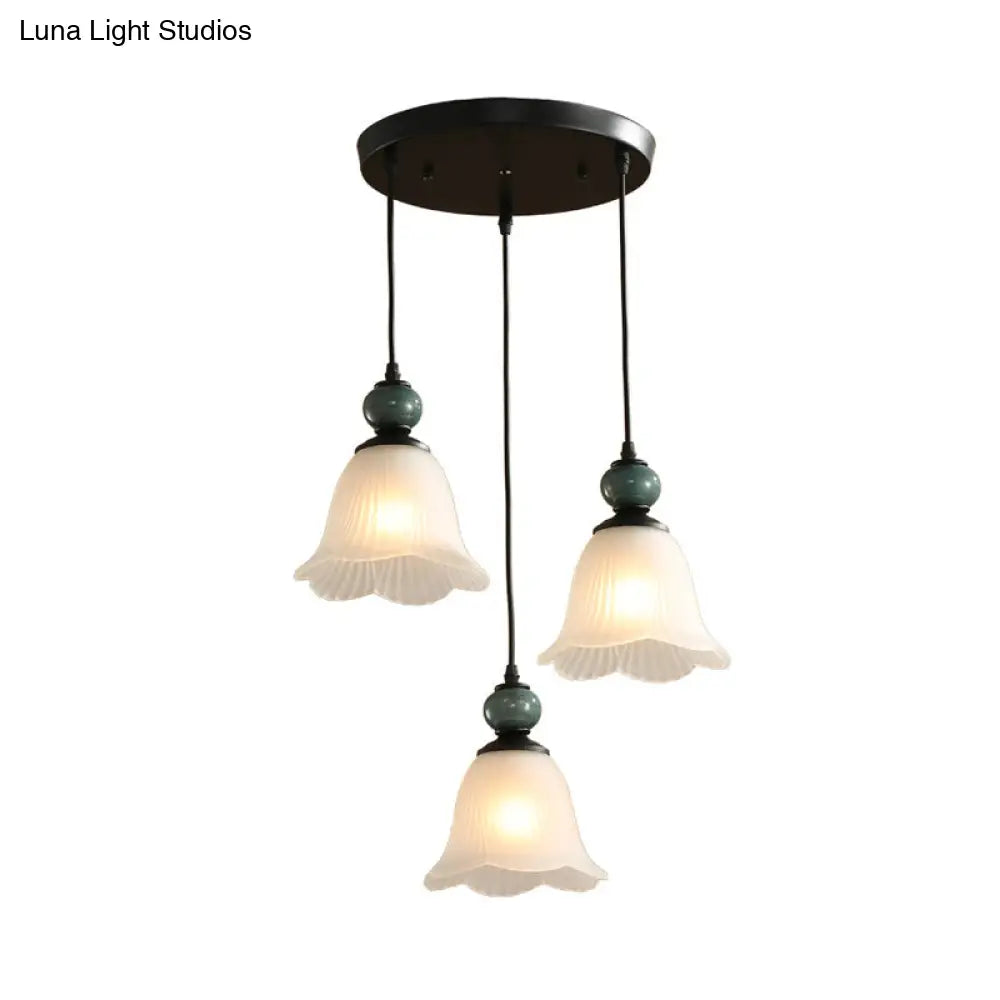 Frosted Ribbed Glass Flared Pendant: Rustic 3-Light Dining Room Hanging Lamp Kit In Black