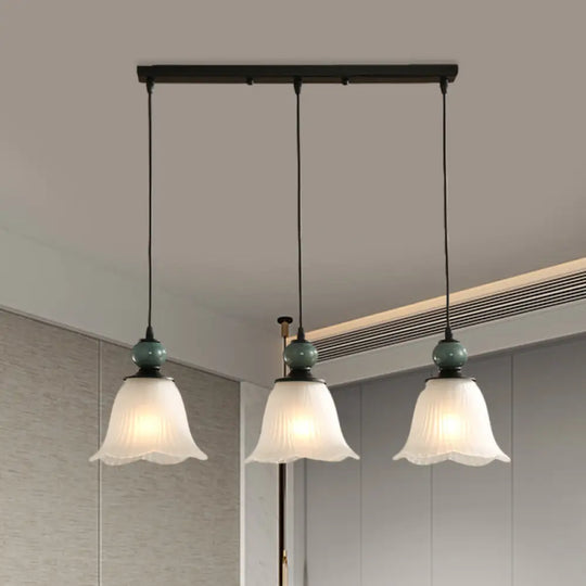 Frosted Ribbed Glass Flared Pendant: Rustic 3-Light Dining Room Hanging Lamp Kit In Black / Linear