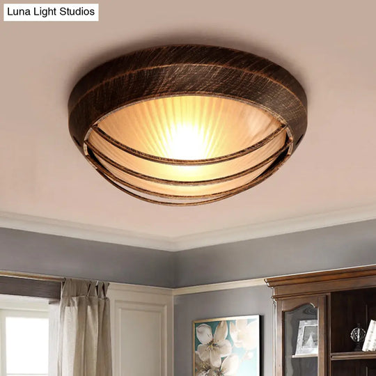 Frosted Ribbed Glass Flush Mount Ceiling Light In Rustic Bronze With Metal Cage - 1-Light Porch
