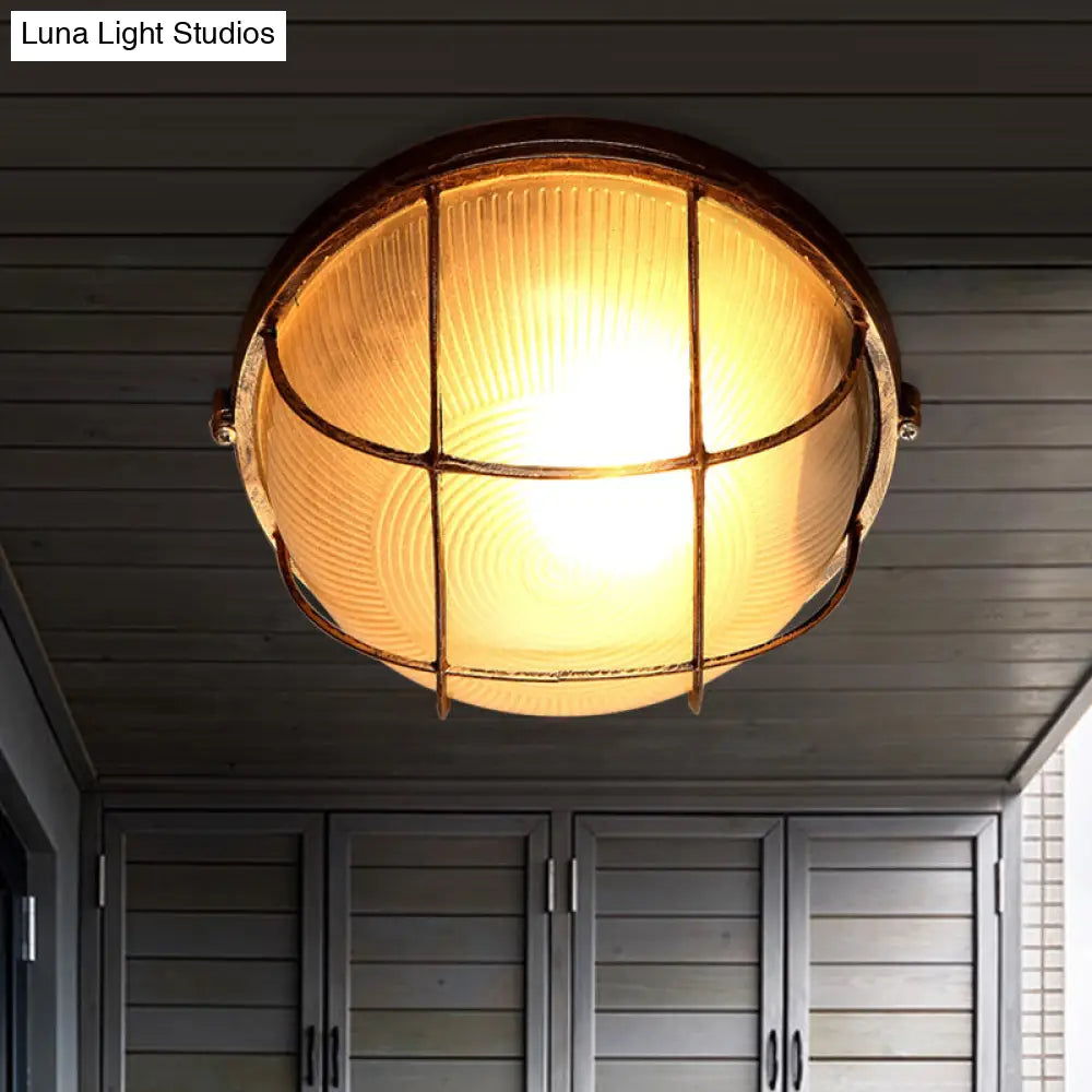 Frosted Ribbed Glass Flush Mount Ceiling Light In Rustic Bronze With Metal Cage - 1-Light Porch