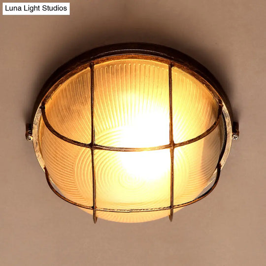 Frosted Ribbed Glass Flush Mount Ceiling Light In Rustic Bronze With Metal Cage - 1-Light Porch