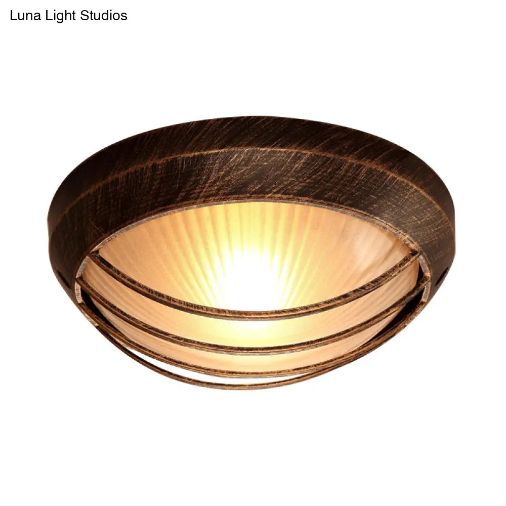 Frosted Ribbed Glass Flush Mount Ceiling Light In Rustic Bronze With Metal Cage - 1 - Light Porch