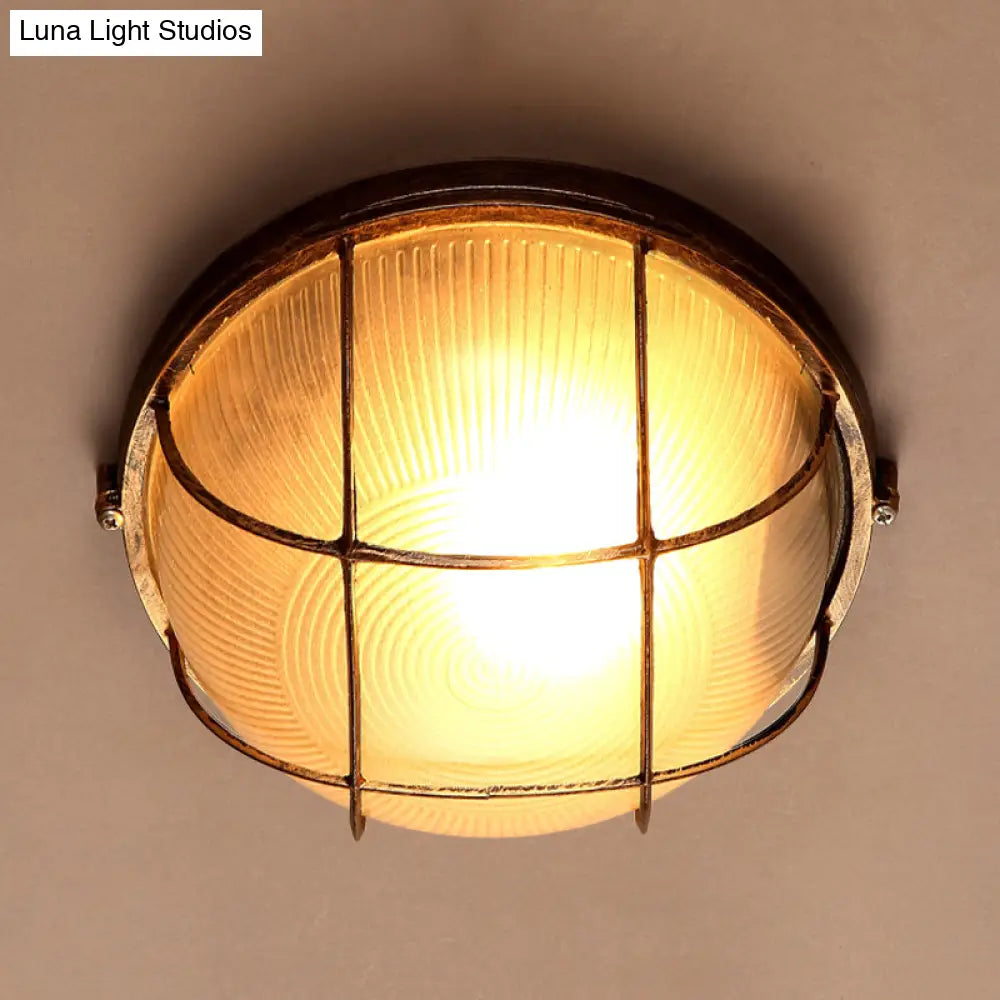 Frosted Ribbed Glass Flush Mount Ceiling Light In Rustic Bronze With Metal Cage - 1 - Light Porch