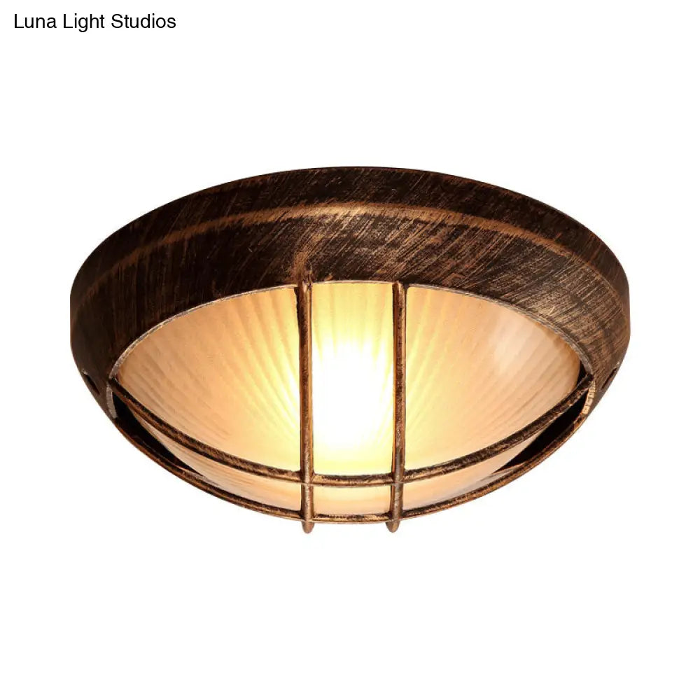 Frosted Ribbed Glass Flush Mount Ceiling Light In Rustic Bronze With Metal Cage - 1-Light Porch