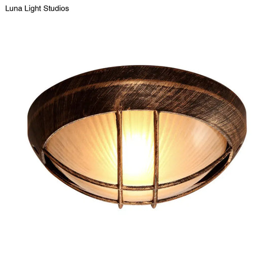 Frosted Ribbed Glass Flush Mount Ceiling Light In Rustic Bronze With Metal Cage - 1-Light Porch