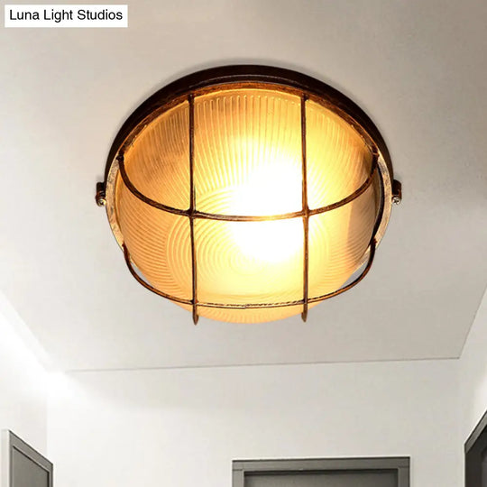 Frosted Ribbed Glass Flush Mount Ceiling Light In Rustic Bronze With Metal Cage - 1 - Light Porch