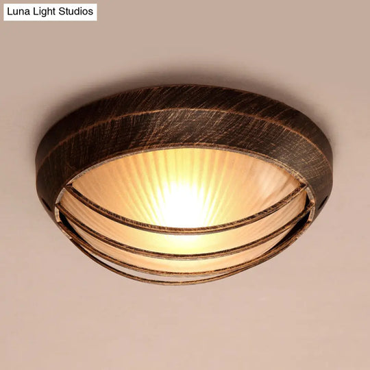 Frosted Ribbed Glass Flush Mount Ceiling Light In Rustic Bronze With Metal Cage - 1-Light Porch