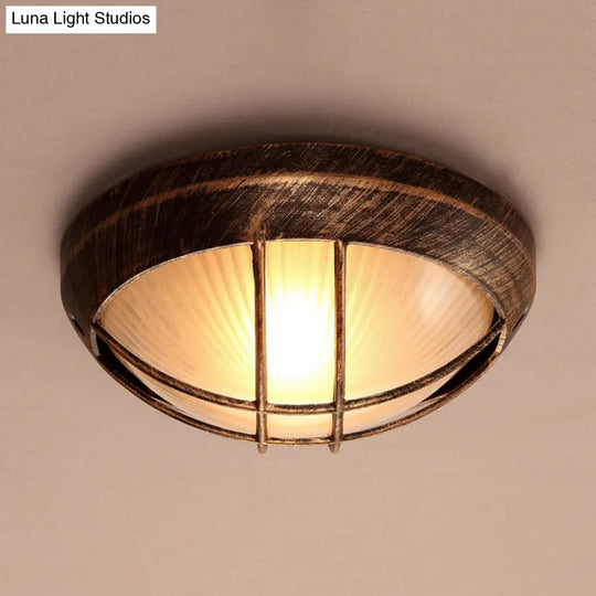 Frosted Ribbed Glass Flush Mount Ceiling Light In Rustic Bronze With Metal Cage - 1-Light Porch