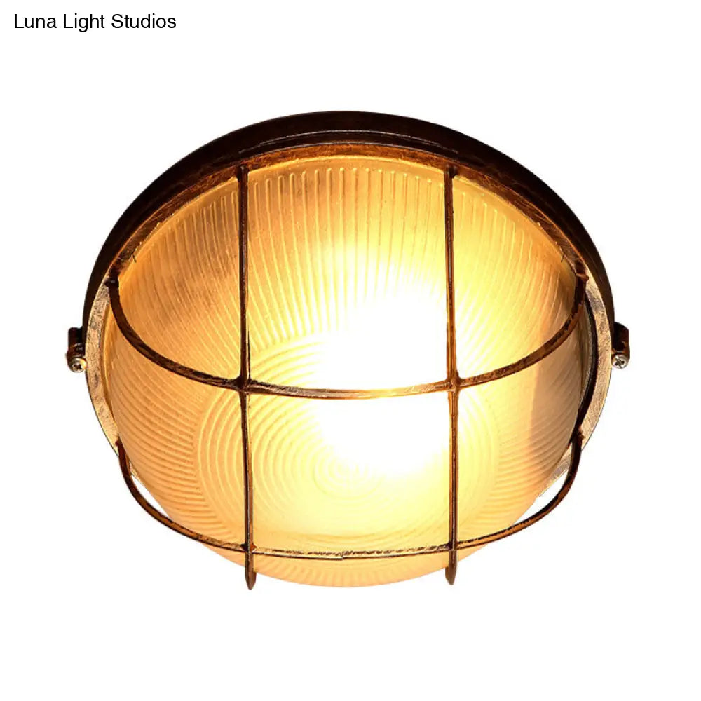 Frosted Ribbed Glass Flush Mount Ceiling Light In Rustic Bronze With Metal Cage - 1-Light Porch