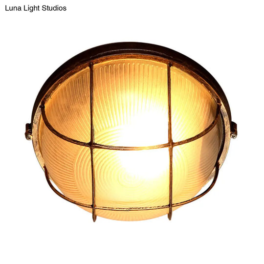 Frosted Ribbed Glass Flush Mount Ceiling Light In Rustic Bronze With Metal Cage - 1-Light Porch