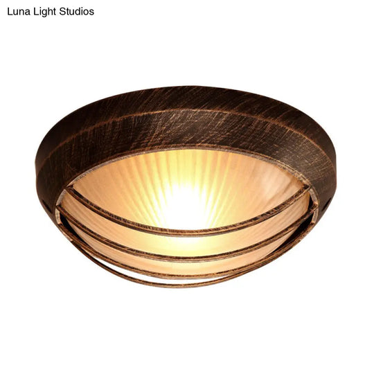 Frosted Ribbed Glass Flush Mount Ceiling Light In Rustic Bronze With Metal Cage - 1-Light Porch