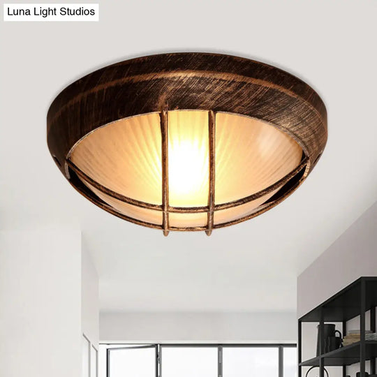 Frosted Ribbed Glass Flush Mount Ceiling Light In Rustic Bronze With Metal Cage - 1-Light Porch