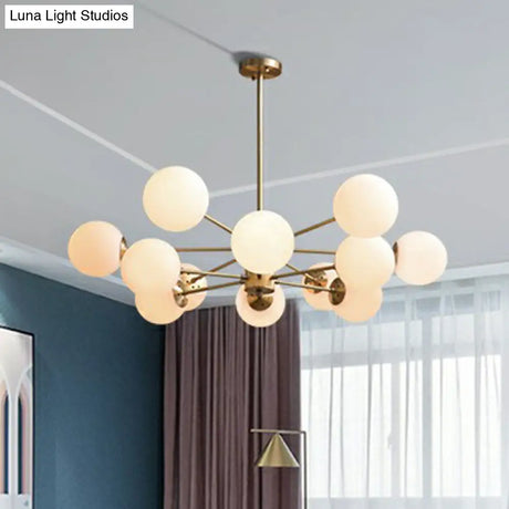 Frosted White Glass Ball Chandelier With Minimalist Gold Finish - Elegant Ceiling Light For Dining