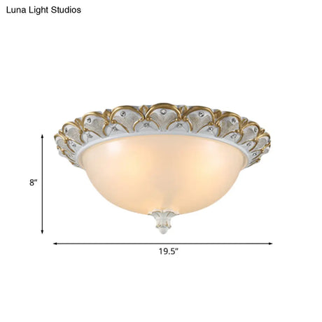 Frosted White Glass Dome 3 - Light Bedroom Flush Mount With Carved Edge