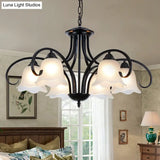 Frosted White Glass Floral Chandelier - Country Style Bedroom Ceiling Suspension Lamp (Black)