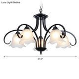 Frosted White Glass Floral Chandelier - Country Style Bedroom Ceiling Suspension Lamp (Black)