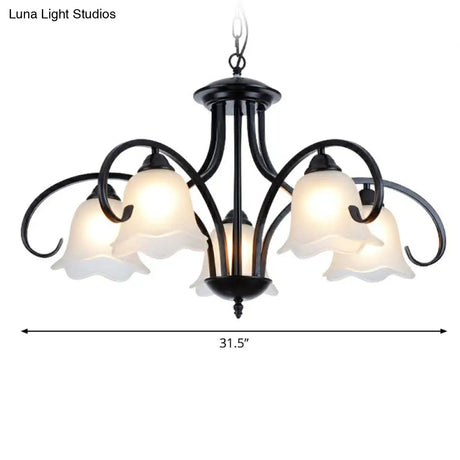 Frosted White Glass Floral Chandelier - Country Style Bedroom Ceiling Suspension Lamp (Black)