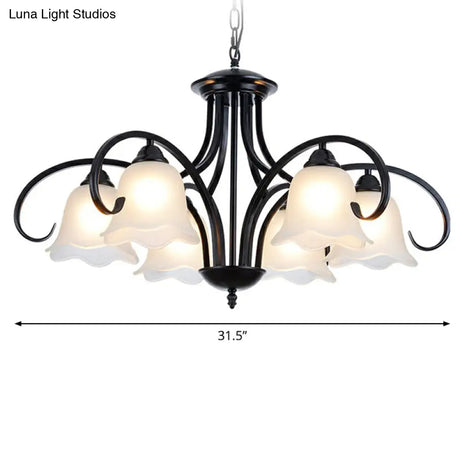 Frosted White Glass Floral Chandelier - Country Style Bedroom Ceiling Suspension Lamp (Black)