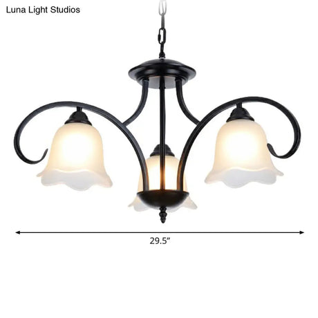 Frosted White Glass Floral Chandelier - Country Style Bedroom Ceiling Suspension Lamp (Black)