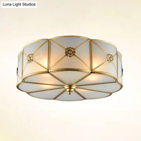 Frosted White Glass Flushmount Flower Ceiling Lamp With X - Brace In Brass - Colonial Style