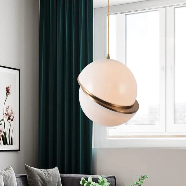 Frosted White Glass Hanging Lamp - Brass Postmodern Single-Bulb Pendant (8/10/12)