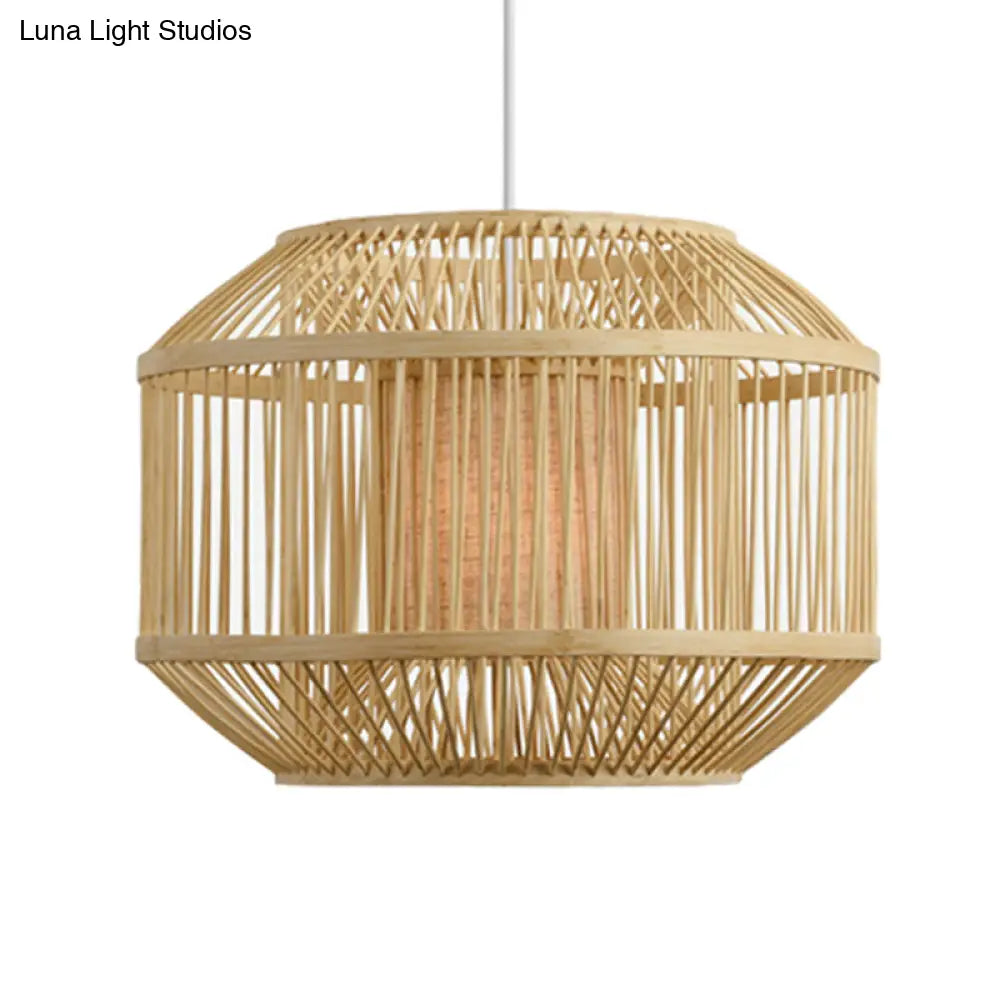 Geometric Bamboo Hanging Fixture - 1 Light Pendant Lighting In Beige (16/19.5 W) Ideal For Dining
